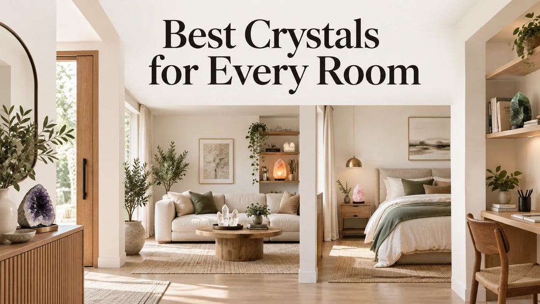 Bright living room and bedroom interiors with crystals placed as room-by-room home decor