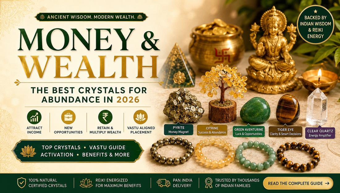 Best crystals for money and wealth in India including Pyrite, Citrine, Green Aventurine and Tiger Eye