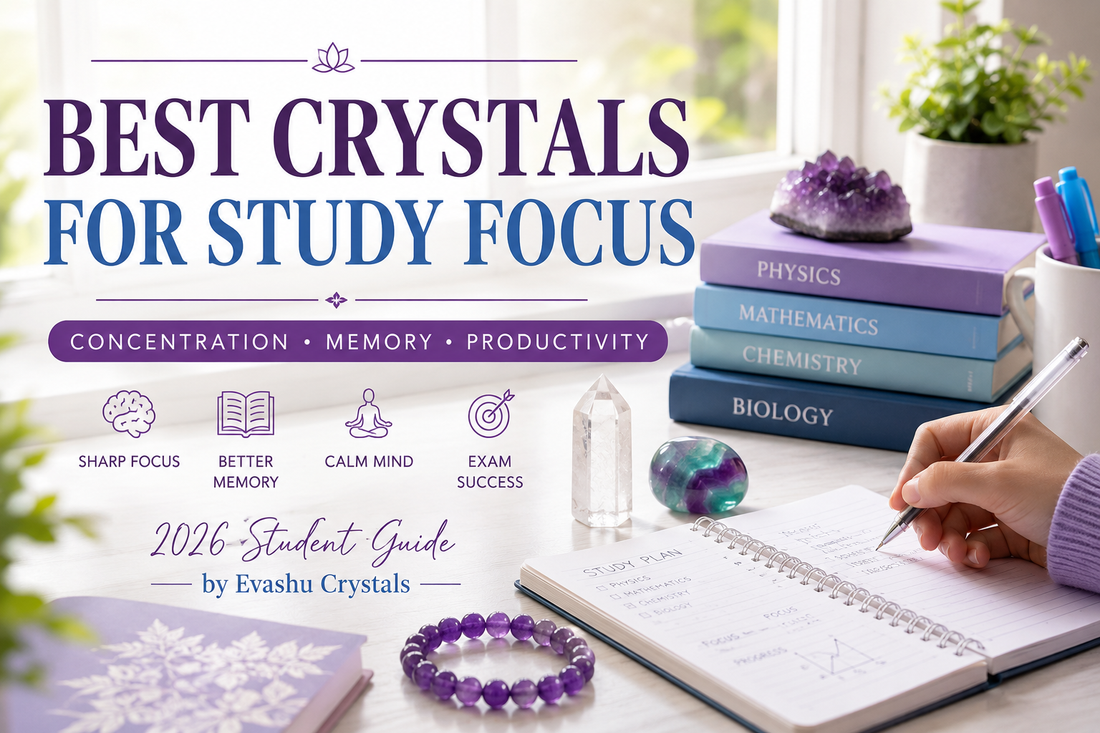 Amethyst, Fluorite and Clear Quartz crystals for study focus, concentration and exam preparation
