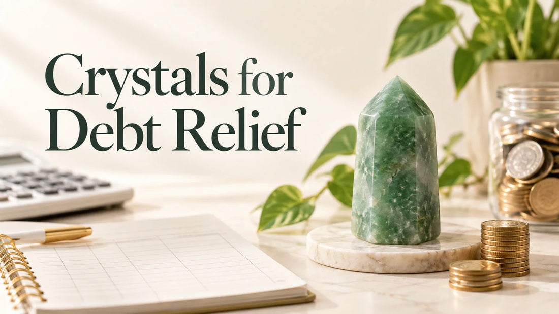 Green crystal tower beside coins, calculator and planner for a debt relief crystal guide