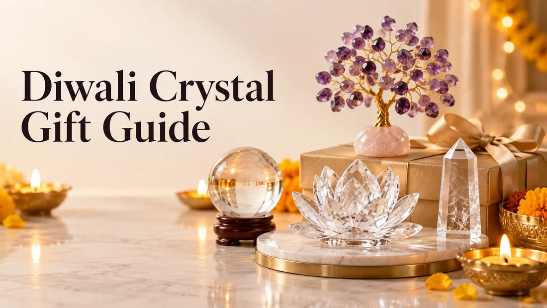 Diwali crystal gift arrangement with amethyst tree, clear quartz, rose quartz and festive lamps