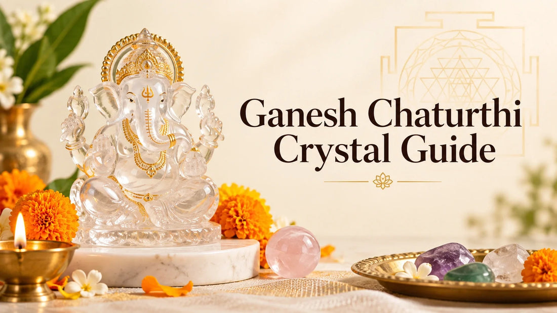Clear quartz Ganesh idol with marigolds and assorted crystals for a Ganesh Chaturthi crystal guide