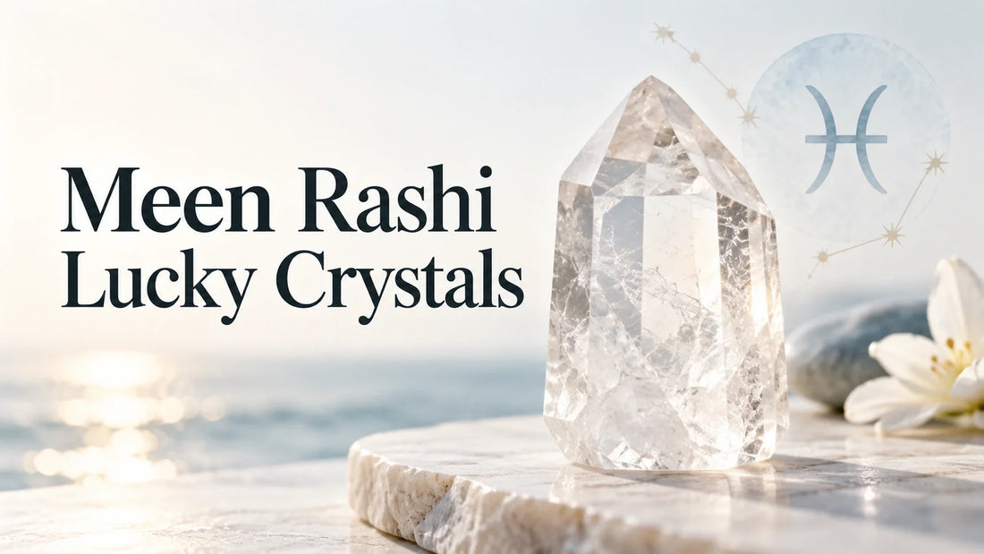 Clear quartz point with Pisces zodiac symbol for a Meen Rashi lucky crystal guide