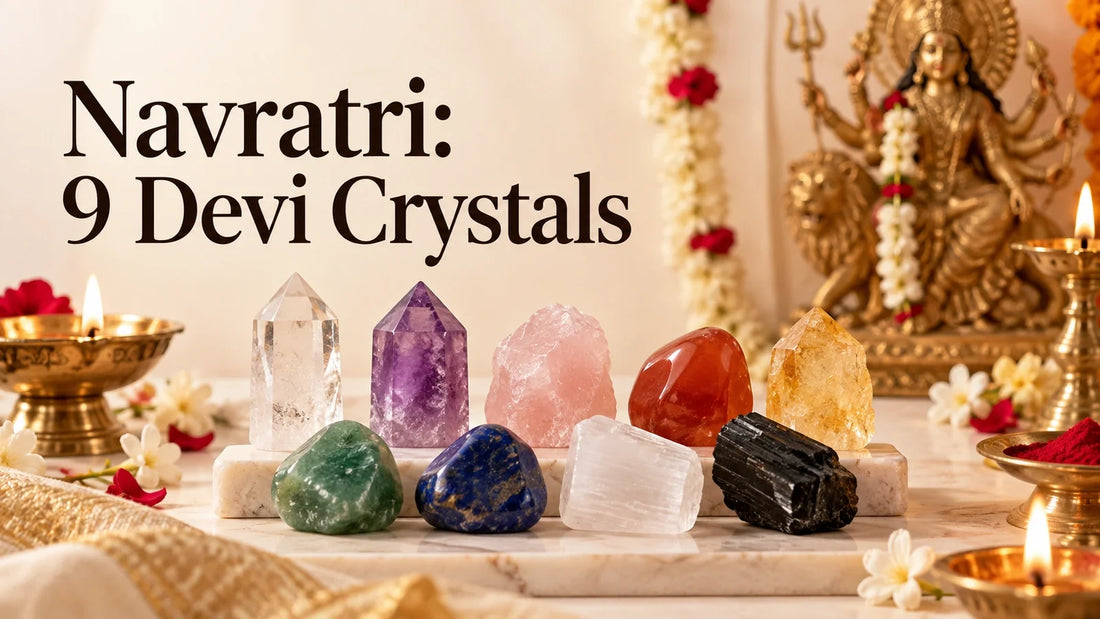 Nine assorted crystals arranged on a Navratri altar with Devi imagery for a nine-day crystal guide