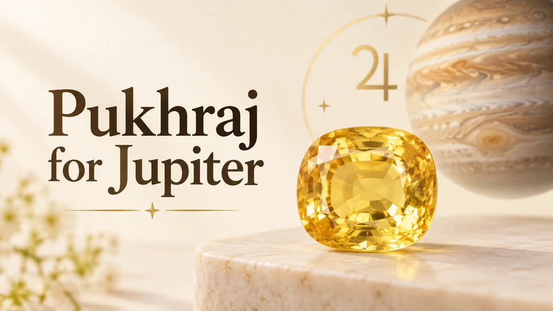 Yellow sapphire gemstone with Jupiter imagery for a Pukhraj stone guide