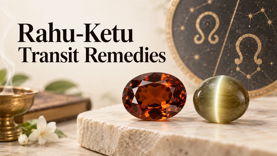 Hessonite and cat's eye gemstones with zodiac imagery for a Rahu-Ketu transit remedy guide