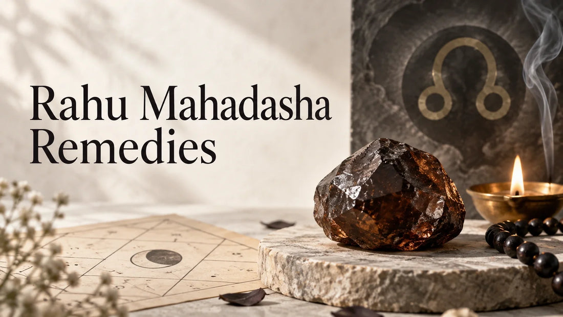 Dark gemstone, incense and Rahu symbol arranged for a Rahu Mahadasha remedies guide