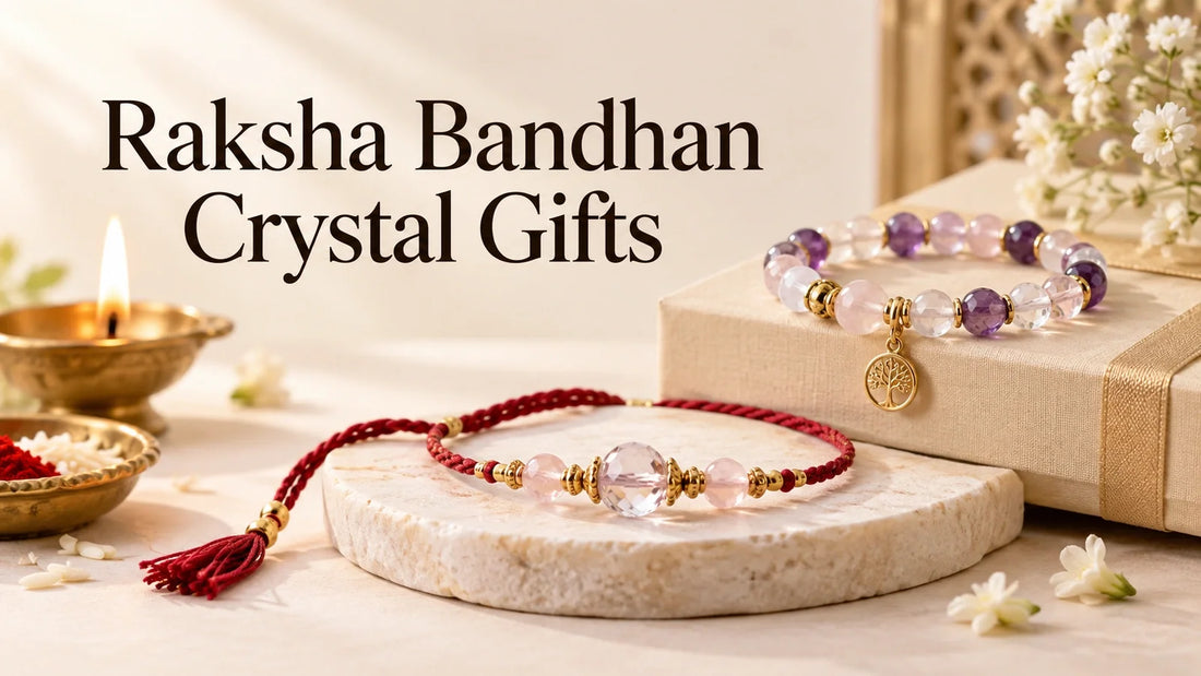 Crystal rakhi and gemstone bracelet in a festive Raksha Bandhan gift setting