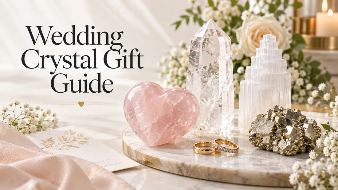 Rose quartz heart, clear quartz, selenite, pyrite and wedding rings for a wedding crystal gift guide