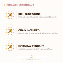 Load image into Gallery viewer, Natural Lapis Lazuli cross pendant by Evashu Crystals - view 2 - 02 benefits lapis lazuli cross pendant