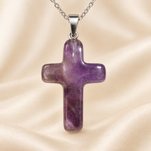 Load image into Gallery viewer, Natural Amethyst cross pendant by Evashu Crystals - view 7 - 07 amethyst cross pendant product close up