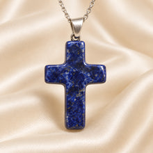 Load image into Gallery viewer, Natural Lapis Lazuli cross pendant by Evashu Crystals - view 7 - 07 closeup lapis lazuli cross pendant
