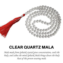 Load image into Gallery viewer, 108-bead Clear Quartz Sphatik Japmala used for meditation and spiritual practice, displayed on a white