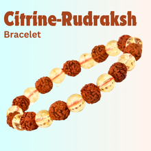 Load image into Gallery viewer, Model wearing a stylish Citrine Rudraksha, Seven Chakra and Lava bracelet to highlight its elegance and aesthetic appeal. Get to know more about the Citrine Rudraksha, Seven Chakra and Lava benefits
