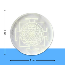 Load image into Gallery viewer, Selenite Plate Engraved Shri Yantra — Healing Stone for Crystal Cleansing, Recharging, Meditation & Pooja (3 Inches Round)