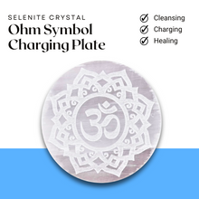 Load image into Gallery viewer, Selenite Charging Plate with Engraved Ohm Symbol — Healing Stone for Reiki Healing, Meditation & Energy Cleansing