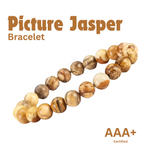 Load image into Gallery viewer, Close-up of Picture Jasper bracelet showing intricate details and natural Picture Jasper stone.