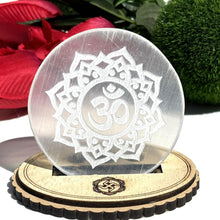 Load image into Gallery viewer, Selenite Charging Plate with Engraved Ohm Symbol — Healing Stone for Reiki Healing, Meditation & Energy Cleansing