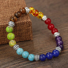 Load image into Gallery viewer, Model wearing a stylish 7 chakra bracelet to highlight its elegance and aesthetic appeal. Get to know more about the 7 chakra benefits