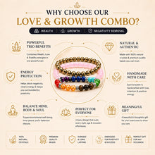 Load image into Gallery viewer, Love & Growth Combo of 3 Crystal Bracelets – Pyrite, Rose Quartz & 7 Chakra Bracelet Set | Unisex Daily Wear & Gifting Combo