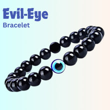 Load image into Gallery viewer, Model wearing a stylish Evil eye, Golden Pyrite and Clear Quartz bracelet to highlight its elegance and aesthetic appeal. Get to know more about the Evil eye, Golden Pyrite and Clear Quartz benefits