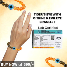 Load image into Gallery viewer, Certified Tiger Eye with Citrine & Evil Eye Stone Bracelet for Stability & Positivity Perfect for Unisex