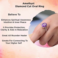 Load image into Gallery viewer, Amethyst diamond cut oval ring symbolizing spiritual awareness, intuition, protection, clarity and inner peace.