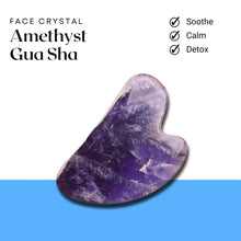 Load image into Gallery viewer, Amethyst Gua Sha face crystal tool displayed upright, promoting soothing, calming and detoxifying skincare benefits.