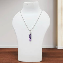 Load image into Gallery viewer, Amethyst Pendant – Pencil Necklace for Calmness, Intuition & Spiritual Growth - Lifestyle View | Natural Amethyst, Seven Chakra Crystal Pendant for Success, Confidence & Career Growth