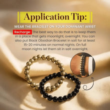 Load image into Gallery viewer, Black Obsidian bracelet with instructions to wear on the dominant wrist and charge using moonlight or salt.