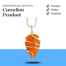 Load image into Gallery viewer, Carnelian arrowhead crystal pendant with chain for motivation, courage, and grounding