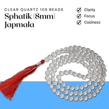 Load image into Gallery viewer, Clear Quartz 108 beads Sphatik Japmala with 8mm beads, displayed neatly on a white background