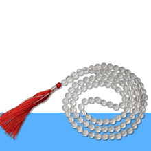 Load image into Gallery viewer, Clear Quartz 108 beads Sphatik Japmala with 8mm beads, displayed neatly on a white background.