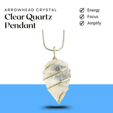 Load image into Gallery viewer, Clear quartz arrowhead crystal pendant with chain displayed on a blue and white two-tone background
