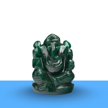 Load image into Gallery viewer, Dark green Ganesh stone figurine, front view on minimalist white and blue background, polished carved details
