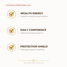 Load image into Gallery viewer, Pyrite Adjustable Ring benefits for wealth attraction and prosperity intention, explained in an Evashu natural-crystal guide