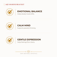 Load image into Gallery viewer, Aquamarine Bracelet benefits for calm mind and stress relief, explained in an Evashu natural-crystal guide