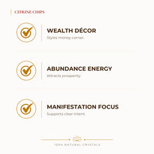 Load image into Gallery viewer, Citrine Chips benefits for wealth attraction and prosperity intention, explained in an Evashu natural-crystal guide