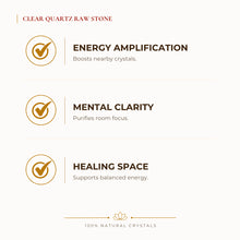 Load image into Gallery viewer, Clear Quartz Raw Stone benefits for focus and mental clarity, explained in an Evashu natural-crystal guide