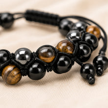 Load image into Gallery viewer, Close-up of authentic natural Black Obsidian, Tiger Eye and Hematite showing crystal texture, colour and craftsmanship