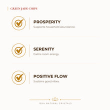 Load image into Gallery viewer, Green Jade Chips benefits for wealth attraction and prosperity intention, explained in an Evashu natural-crystal guide