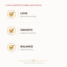 Load image into Gallery viewer, Love & Growth Bracelet Combo benefits for wealth attraction and prosperity intention, explained in an Evashu natural-crystal guide