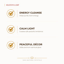 Load image into Gallery viewer, Selenite Lamp benefits for calm mind and stress relief, explained in an Evashu natural-crystal guide