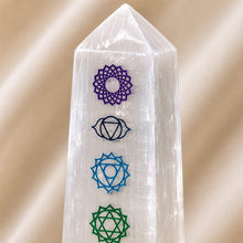 Load image into Gallery viewer, Close-up of authentic natural 7 Chakra and Selenite showing crystal texture, colour and craftsmanship – natural seven chakra selenite crystal lamp for healing