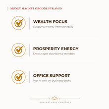 Load image into Gallery viewer, Money Magnet Orgone Pyramid benefits for wealth attraction and prosperity intention, explained in an Evashu natural-crystal guide