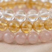 Load image into Gallery viewer, Close-up of authentic natural Clear Quartz, Rose Quartz and Citrine showing crystal texture, colour and craftsmanship