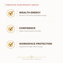 Load image into Gallery viewer, Pyrite Raw Stone benefits for wealth attraction and prosperity intention, explained in an Evashu natural-crystal guide