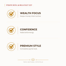 Load image into Gallery viewer, Pyrite Ring & Bracelet Set benefits for wealth attraction and prosperity intention, explained in an Evashu natural-crystal guide