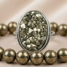Load image into Gallery viewer, Close-up of authentic natural Pyrite showing crystal texture, colour and craftsmanship – pyrite ring pyrite bracelet set crystal jewellery combo