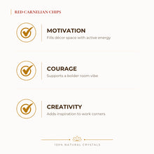Load image into Gallery viewer, Red Carnelian Chips benefits for focus and mental clarity, explained in an Evashu natural-crystal guide